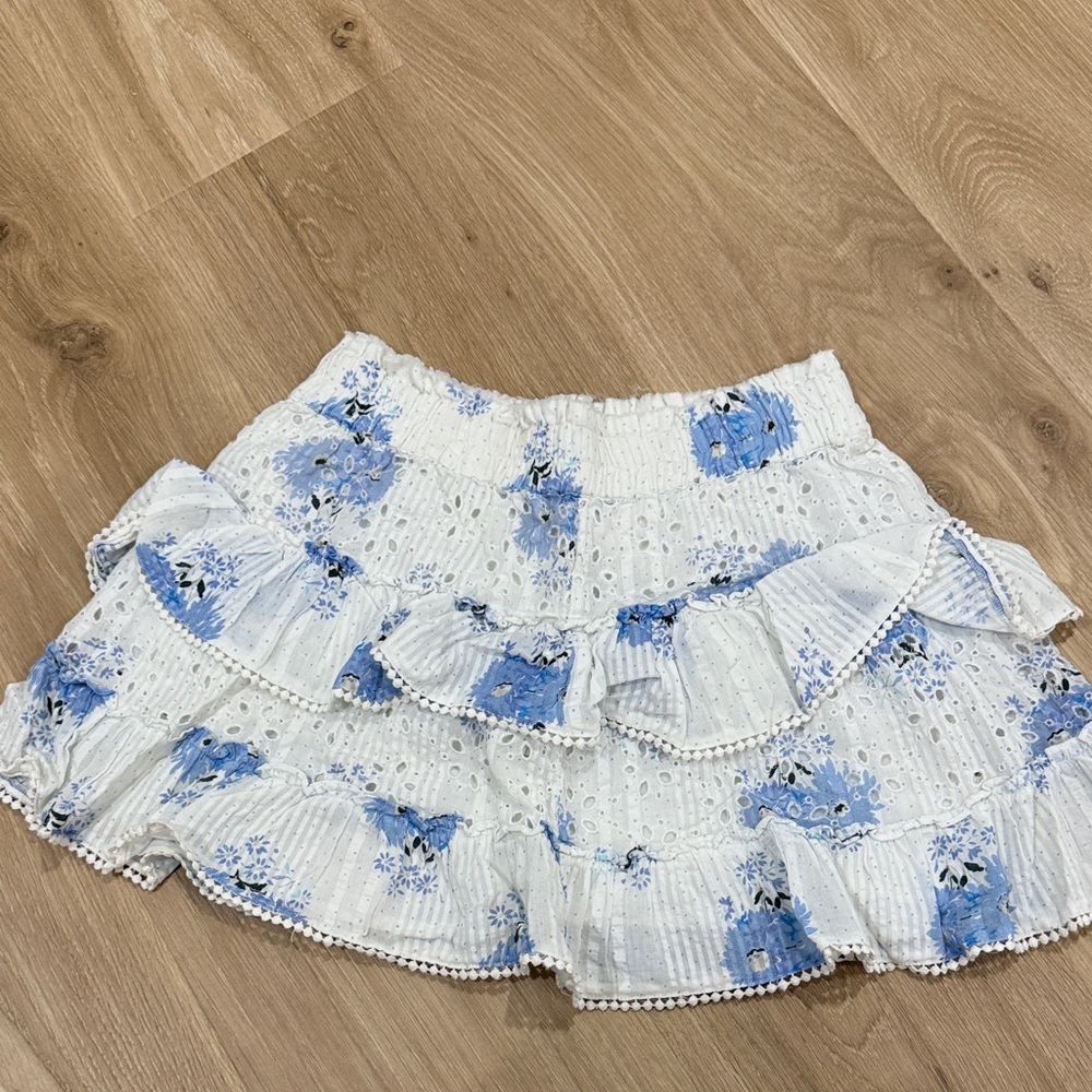 LoveShackFancy White and Blue Floral Mini Skirt